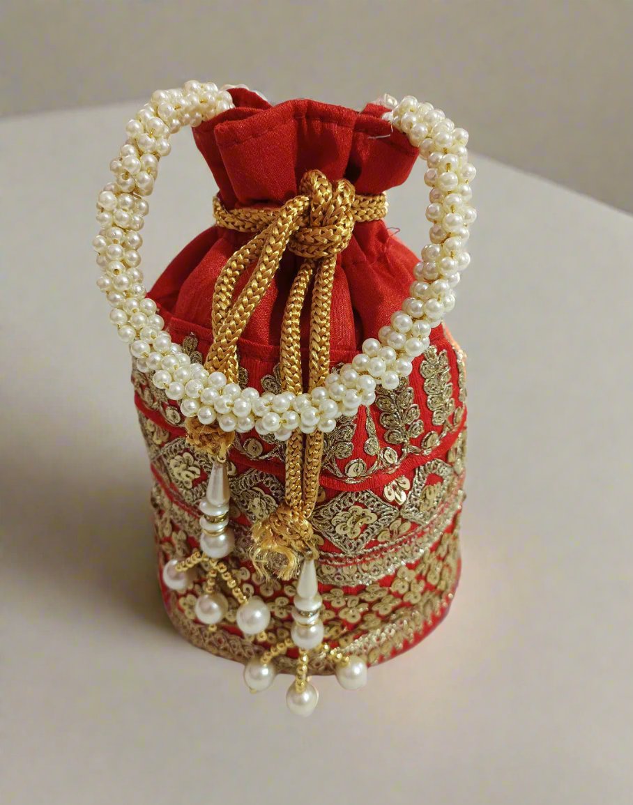 Zari & Sequin Embellished Red Potli | Peepal Clothing