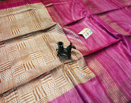 Zig-Zag Printed Tussar Ghicha Silk Saree with Zari Border| Peepal Clothing