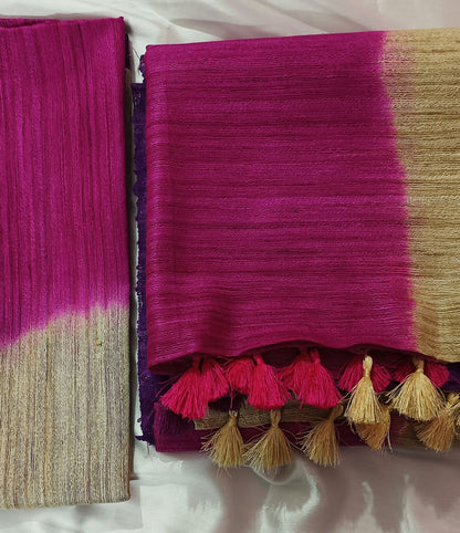 Magenta Purple Triple Dye Pure Tussar Ghicha Silk Saree
