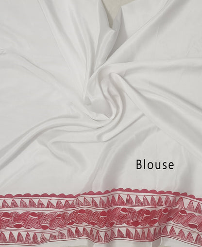 White Madhubani Hand Painted Natural Crepe Saree
