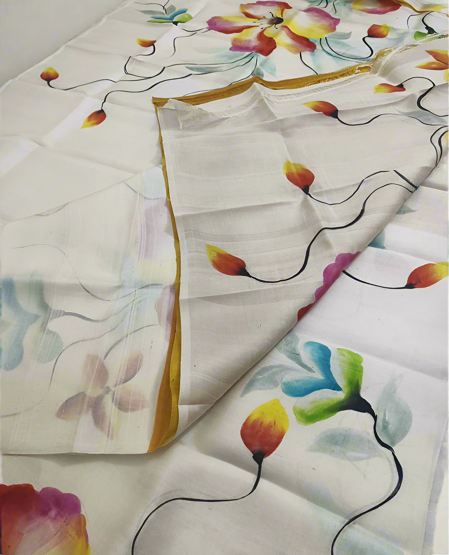 Floral Hand Painted Off White Tussar Silk Saree