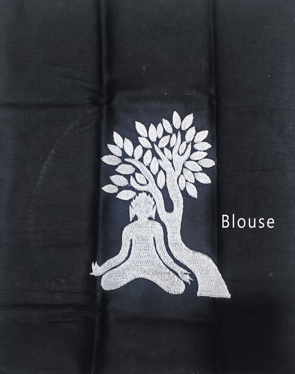 Black Floral Embroidered Cotton Saree