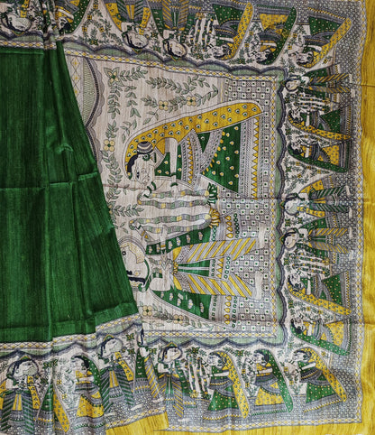 Radha-Krishna Printed Green Tussar Ghicha Silk Saree