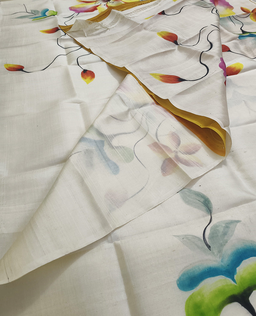 Floral Hand Painted Off White Tussar Silk Saree