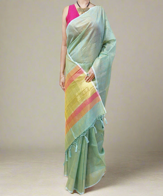 Pista Green Zari Checkered Poly Silk Saree