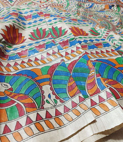 Radha Krishna Madhubani Hand Painted Desi Tussar Silk Saree