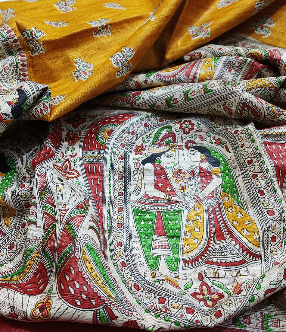 Radha-Krishna Madhubani Printed Silk Saree