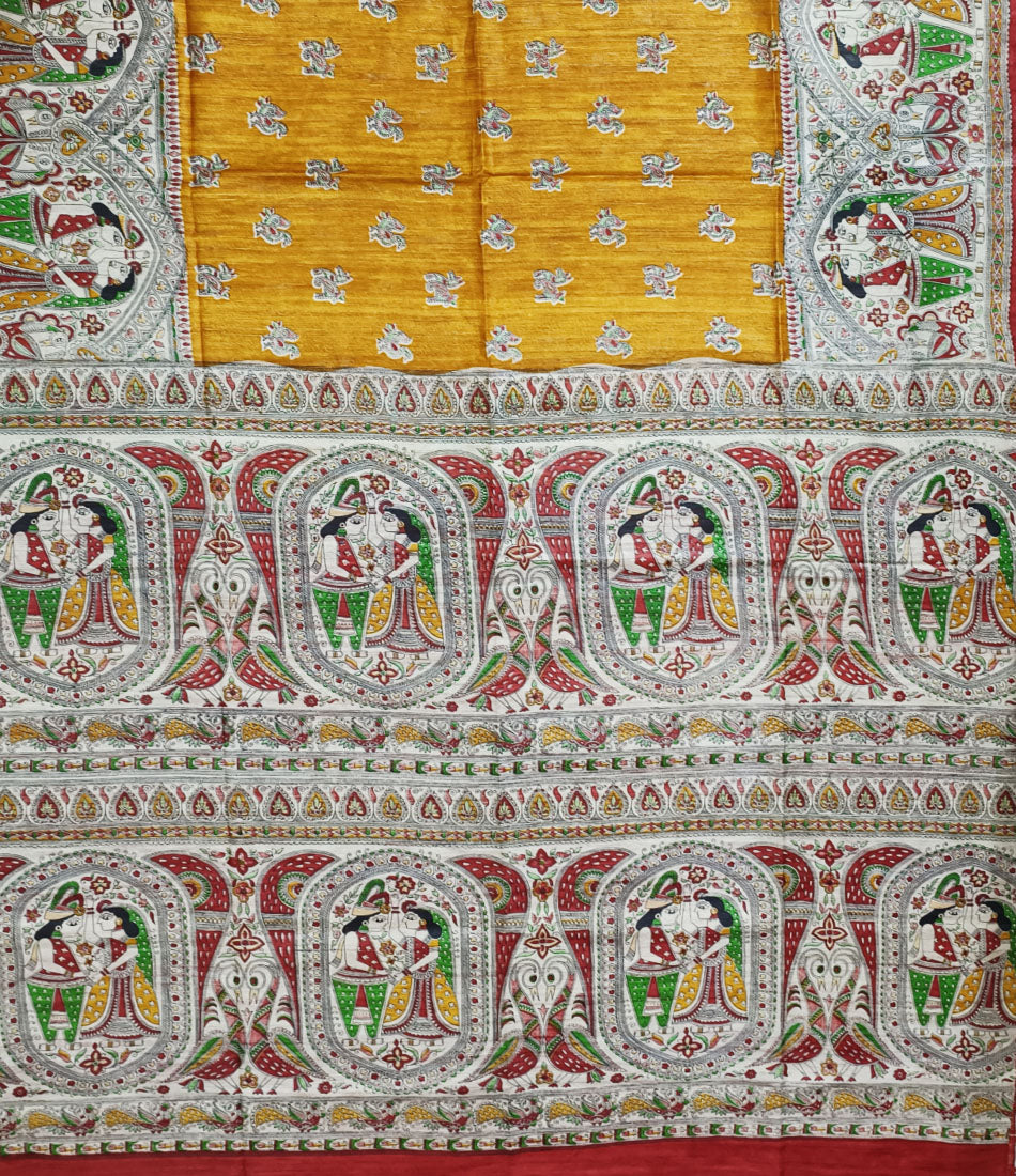 Radha-Krishna Madhubani Printed Silk Saree