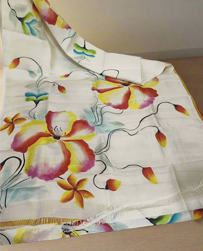 Floral Hand Painted Off White Tussar Silk Saree