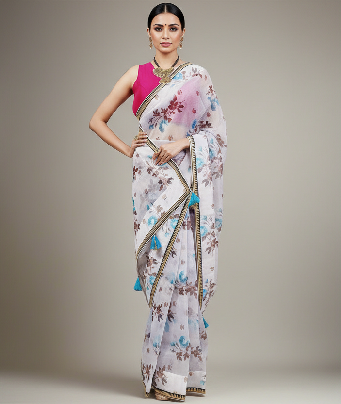Leaf Printed Organza Saree