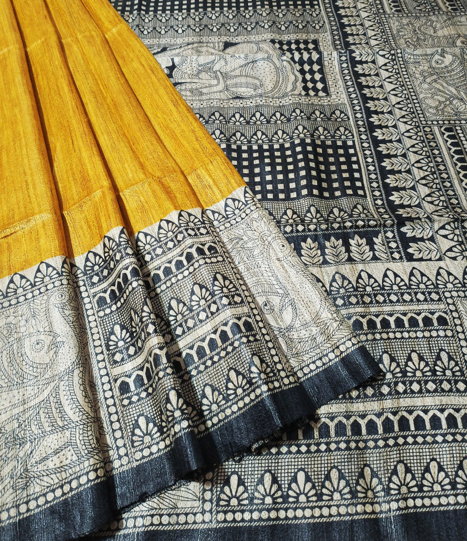 Yellow Madhubani Printed Silk Saree