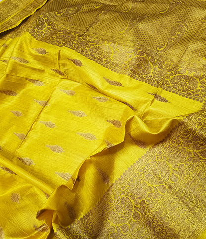 Yellow Buta Motif Tussar Munga Silk Saree with Zari Border