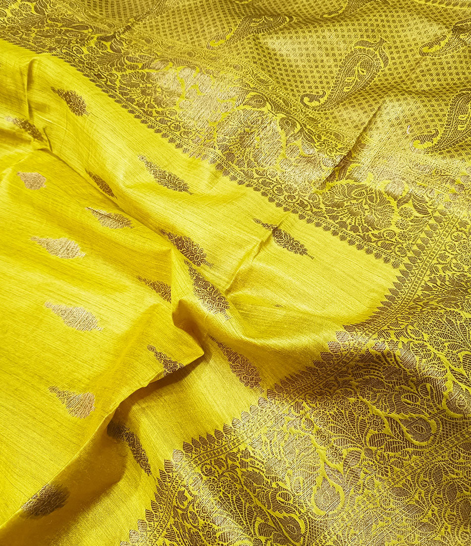 Yellow Buta Motif Tussar Munga Silk Saree with Zari Border