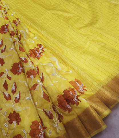 Yellow Embroidered Silk Linen Saree