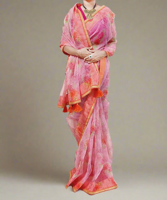 Printed Rose Pink Pure Organza Saree