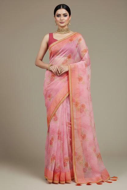 Printed Rose Pink Pure Organza Saree