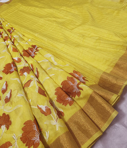 Yellow Embroidered Silk Linen Saree