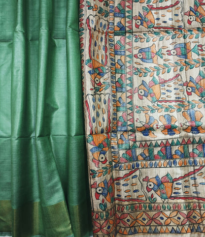Green Madhubani Hand Painted Peacock Pallu Silk Saree