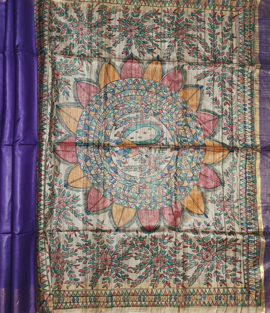 Purple Madhubani Hand Painted Pallu Silk Saree