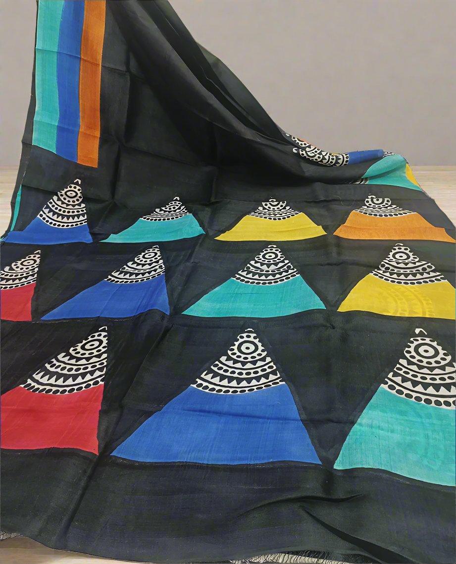 Hand Painted Black Kalamkari Tussar Silk Saree