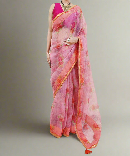 Printed Rose Pink Pure Organza Saree