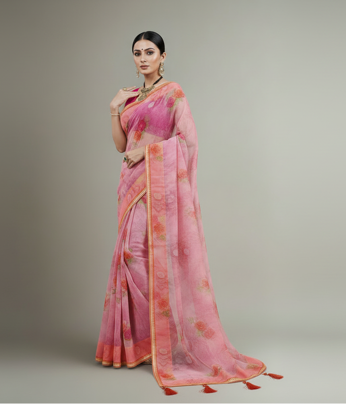 Printed Rose Pink Pure Organza Saree