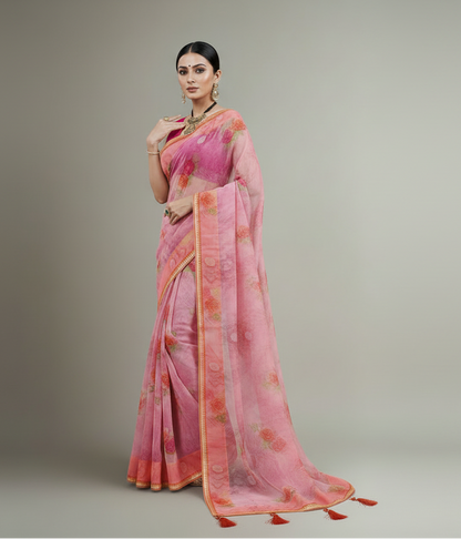 Printed Rose Pink Pure Organza Saree