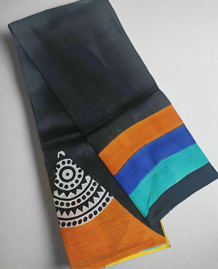 Hand Painted Black Kalamkari Tussar Silk Saree