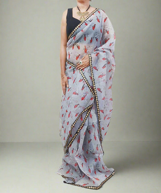 Bird Printed Organza Saree