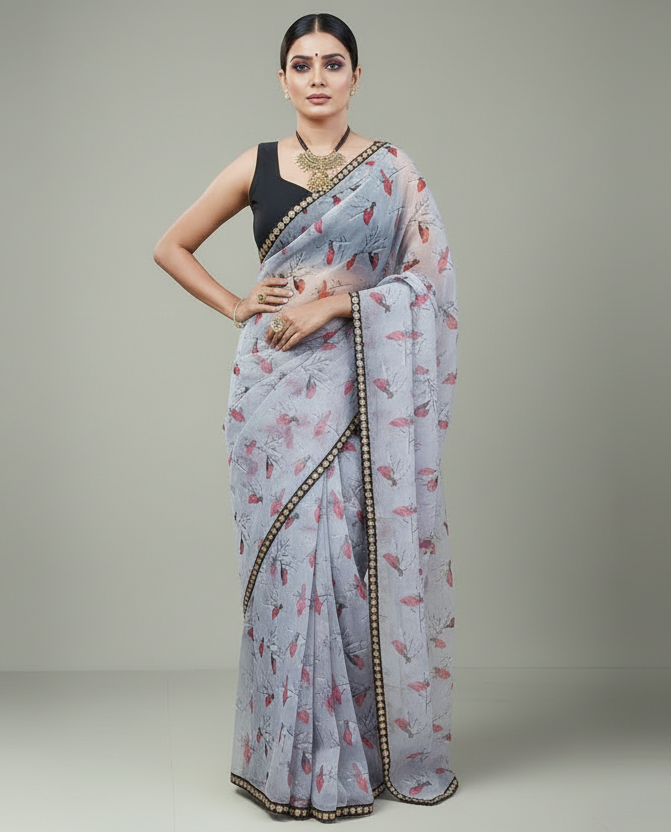 Bird Printed Organza Saree