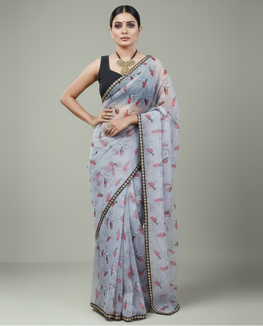 Bird Printed Organza Saree