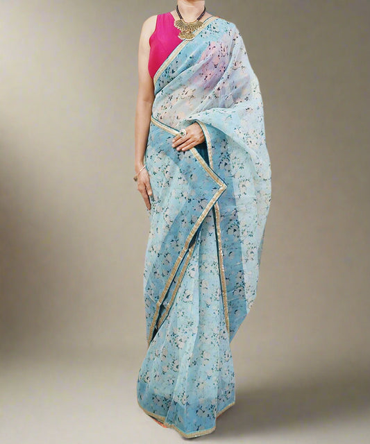 Bottle Green Printed Organza Saree