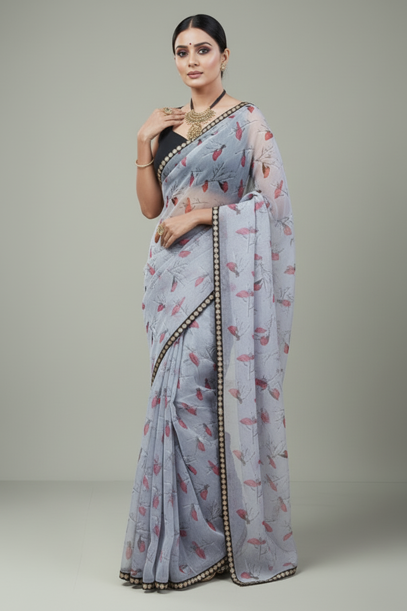 Bird Printed Organza Saree