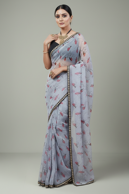 Bird Printed Organza Saree
