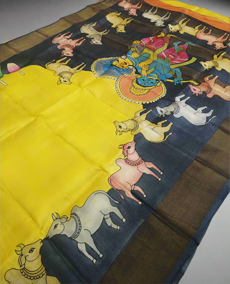 Yellow Radha Krishna Kalamkari Tussar Silk Saree