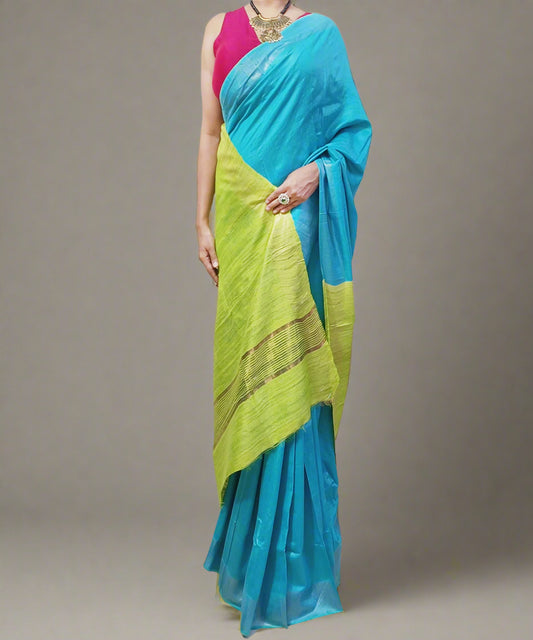 Blue and Green Handloom Viscose and Ghicha Silk Saree