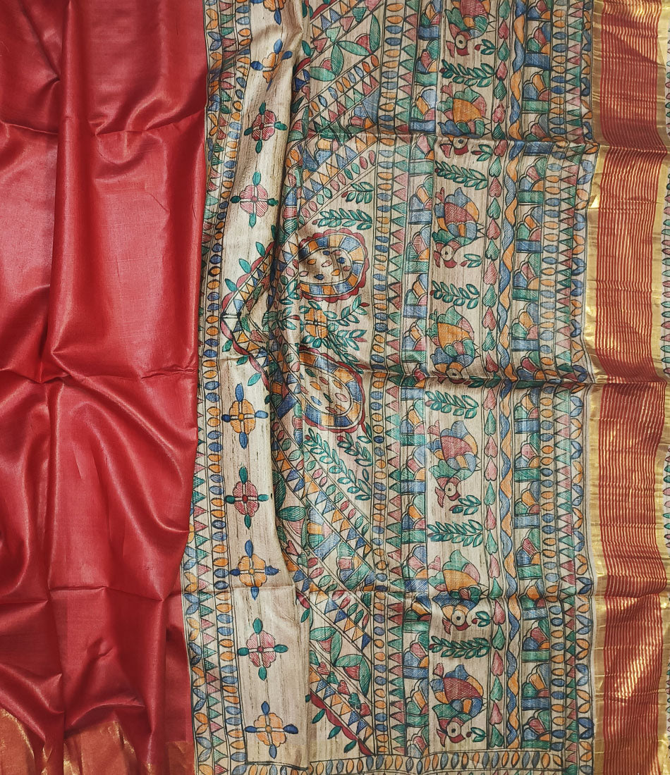 Red Madhubani Hand Painted Pallu Silk Saree