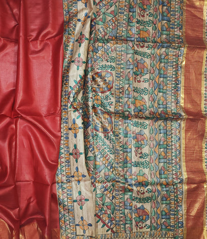 Red Madhubani Hand Painted Pallu Silk Saree