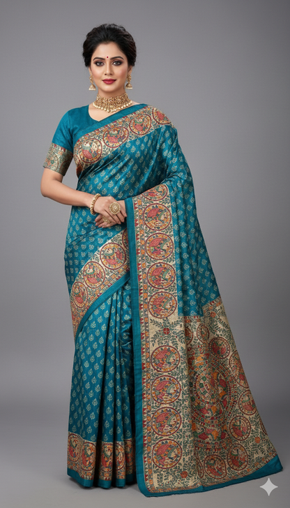 Hand-Painted Pushp-Matsya Madhubani Tussar Ghicha Silk Saree in Teal and Natural Beige