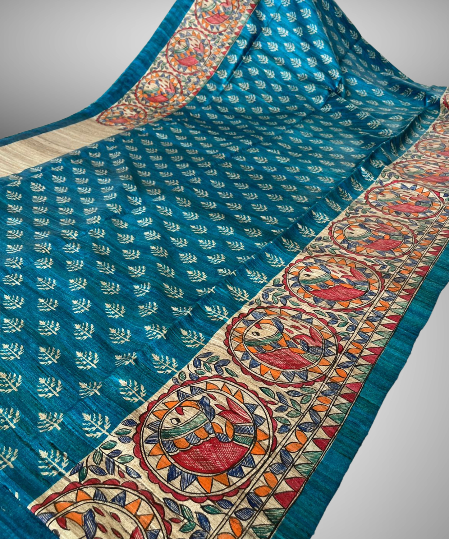 Hand-Painted Pushp-Matsya Madhubani Tussar Ghicha Silk Saree in Teal and Natural Beige