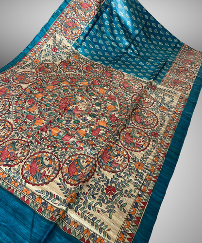 Hand-Painted Pushp-Matsya Madhubani Tussar Ghicha Silk Saree in Teal and Natural Beige