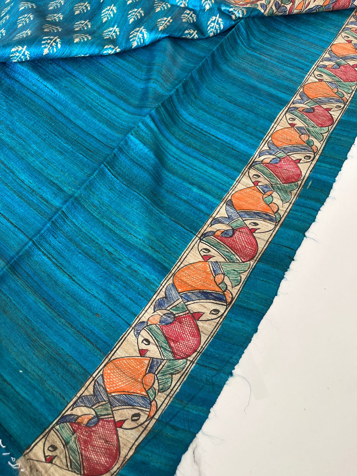 Hand-Painted Pushp-Matsya Madhubani Tussar Ghicha Silk Saree in Teal and Natural Beige