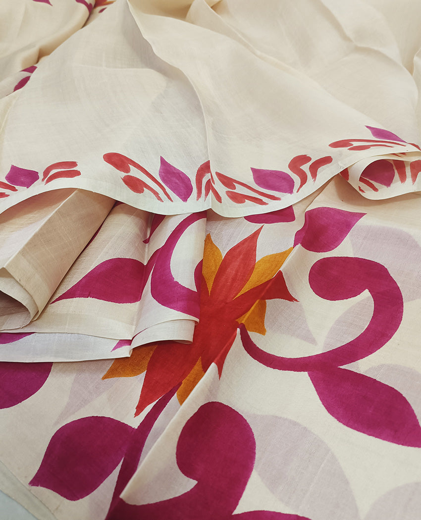 Hand Painted Floral Off-white Kalamkari Tussar Silk Saree