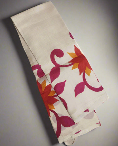 Hand Painted Floral Off-white Kalamkari Tussar Silk Saree