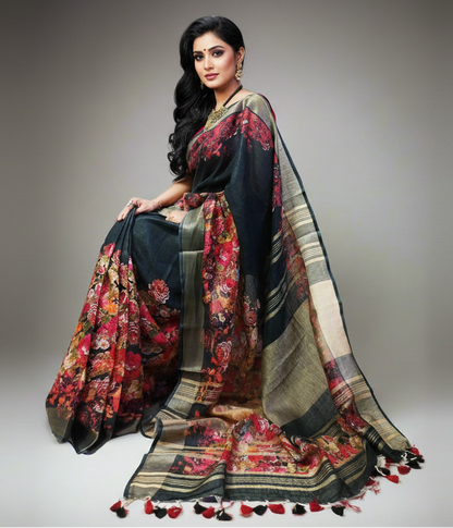 Black Floral Printed Linen Saree