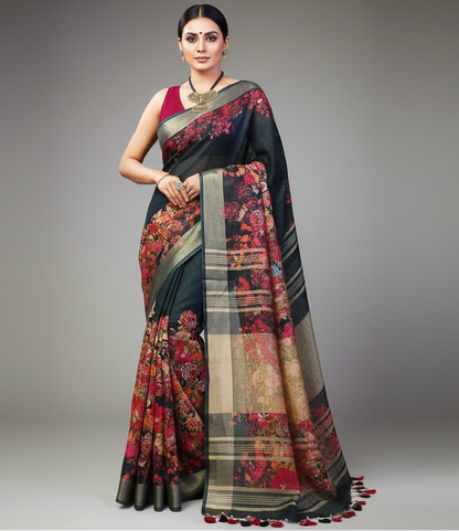 Black Floral Printed Linen Saree