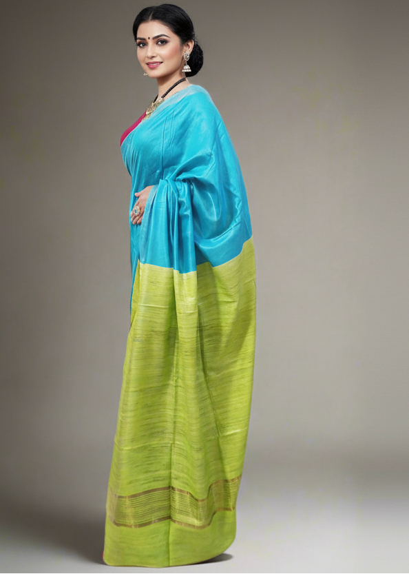 Blue and Green Handloom Viscose and Ghicha Silk Saree
