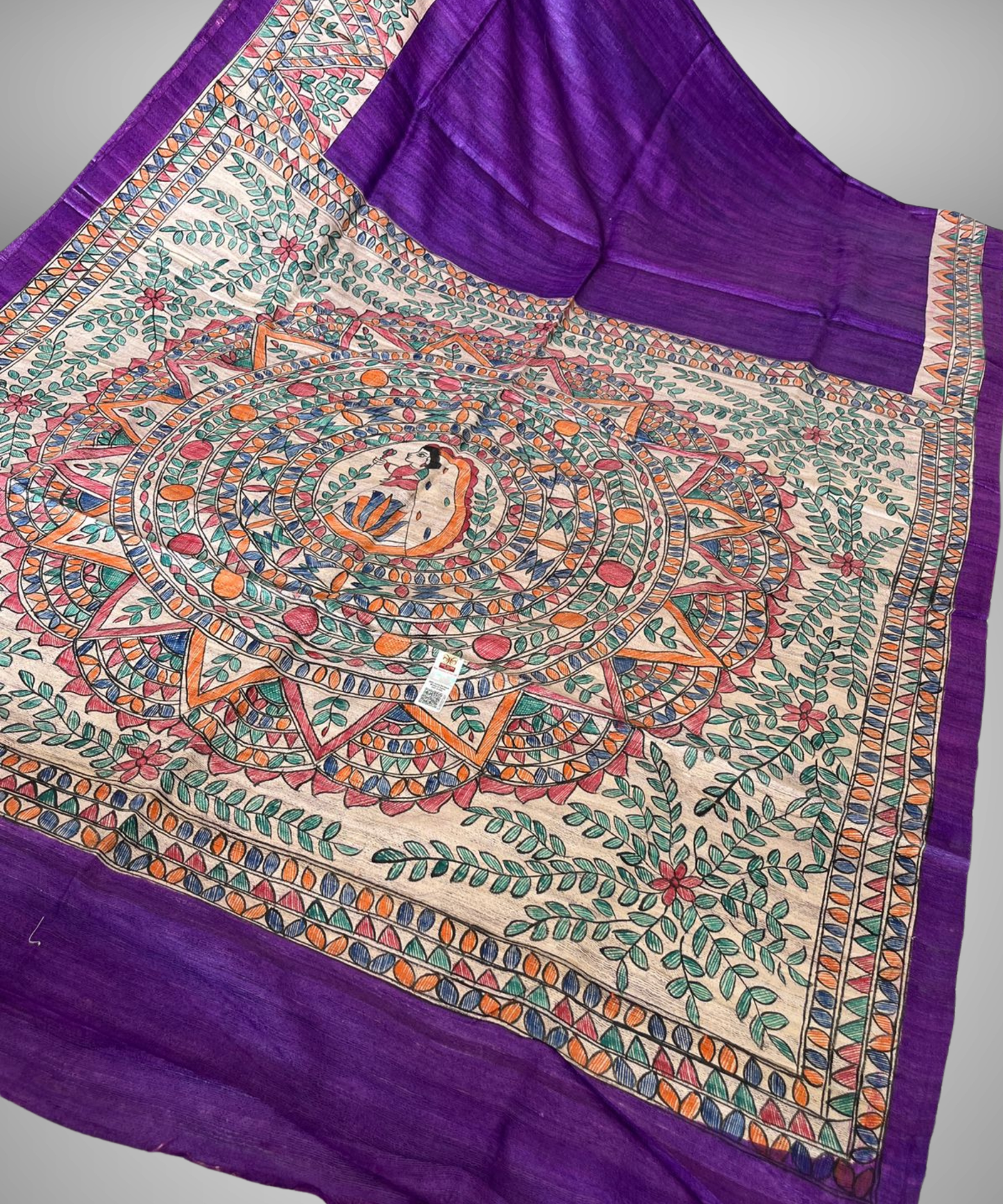 Tarangini Hand-Painted Mithila Art Tussar Ghicha Silk Saree in Royal Purple and Natural Cream