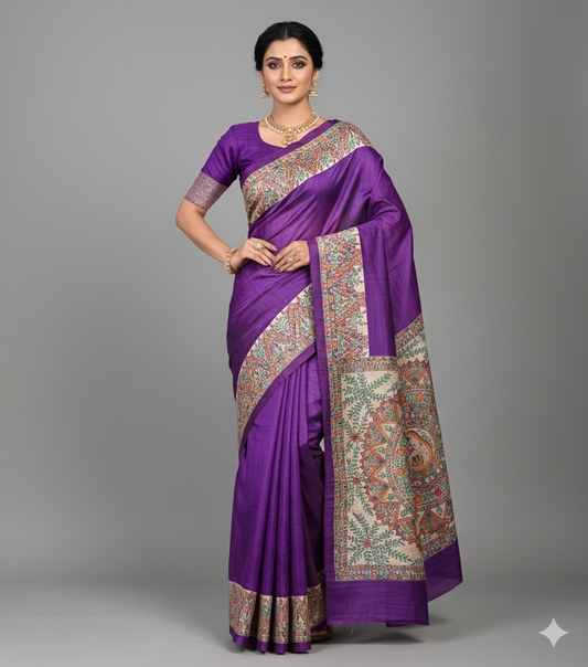 Tarangini Hand-Painted Mithila Art Tussar Ghicha Silk Saree in Royal Purple and Natural Cream