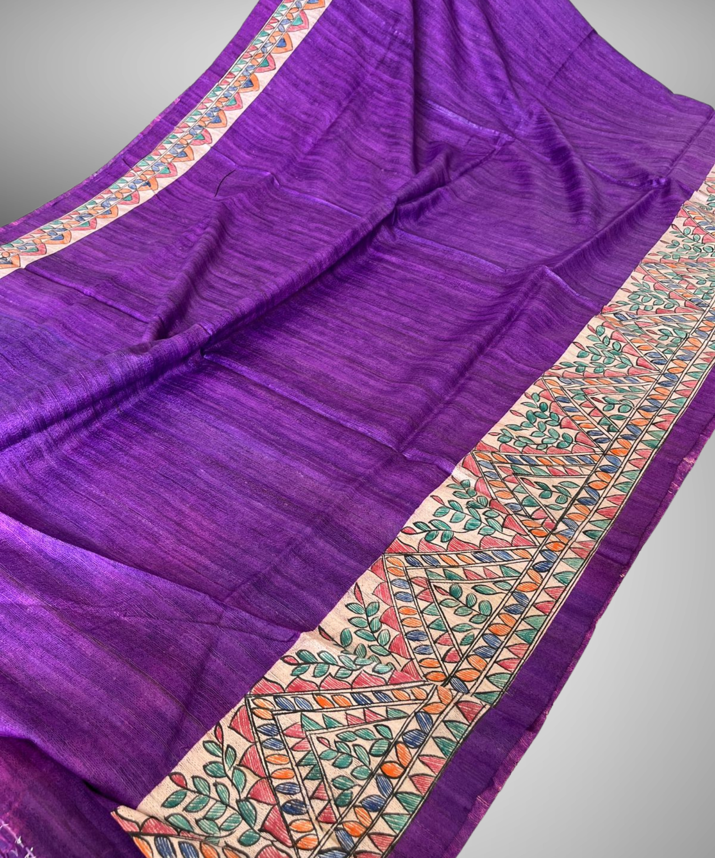 Tarangini Hand-Painted Mithila Art Tussar Ghicha Silk Saree in Royal Purple and Natural Cream